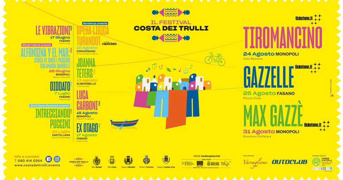 ''Costa dei Trulli'': in Valle D'Itria concerti di Ex-Otago, Diodato e Luca Carboni 